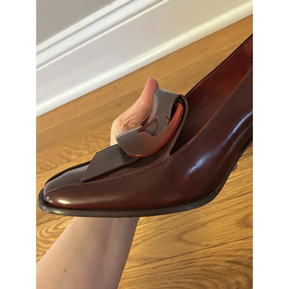 Tory Burch Burgundy Buckle Loafers Curved Block Heels Wild Berry Leather 10 - Picture 16 of 16